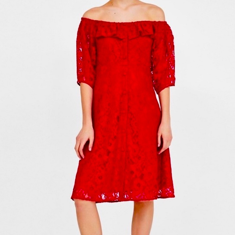 ZARA Trafaluc Red Lace Dress Off-Shoulder